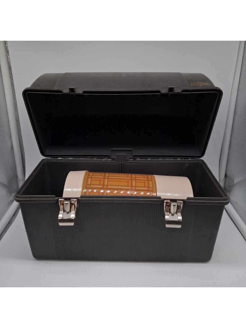 Vintage Thermos Lunch Box & Plaid Thermos Brown Plastic Metal Latches USA Case